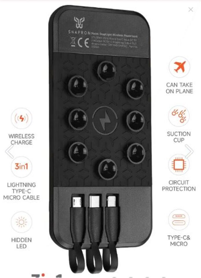 Snapron SNP-3003 10.000 Mah Vantuzlu Wireless Kablosuz ve 3in1 Kablolu Powerbank