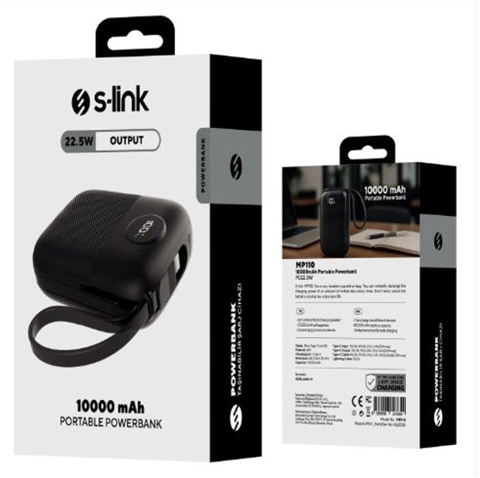 S-link MP110 10000mAh PD22.5W Type-C+Lightning Kablolu Siyah  Pil Şarj Cihazı Powerbank