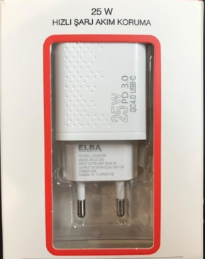 Elba ELB42 Beyaz 25W Şarj Kafa+ İphone Kablo USB-C PD3.0-QC4.0(Akım Koruma-Hızlı Şarj-)