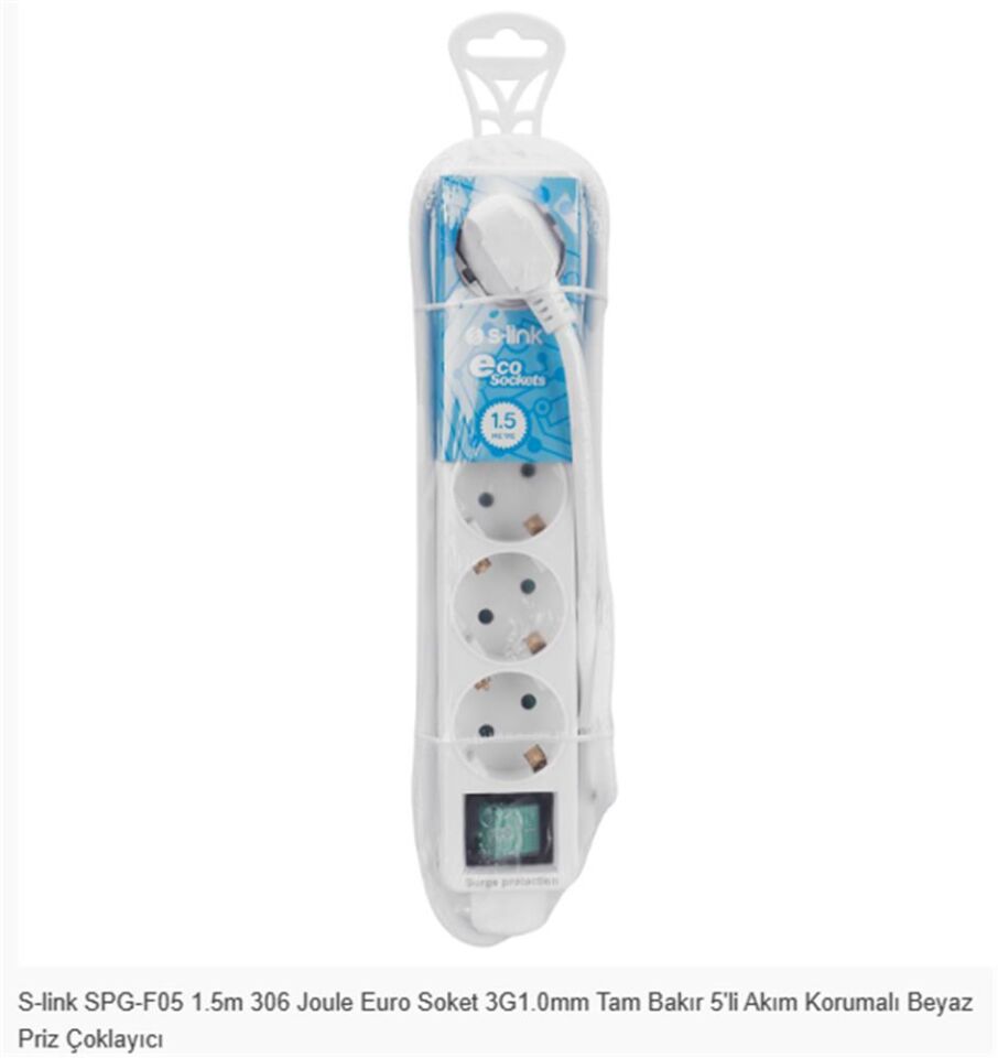 S-link SPG-F05 1.5m 306 Joule Euro Soket 3G1.0mm Tam Bakır 5li Akım Korumalı Beyaz Priz Çoklayıcı