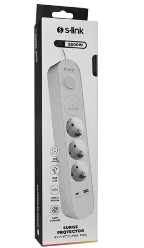 S-link SPG3-PD20  PD20W H05VV-F 3G1.0mm, 1.5m 3 lü 306 J Akım Korumalı Beyaz + Gri Priz