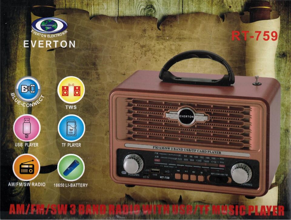 Everton Rt-759  Bluetooth Fm-Usb-Tf-Aux Solarlı  Şarjlı Nostaljik Radyo