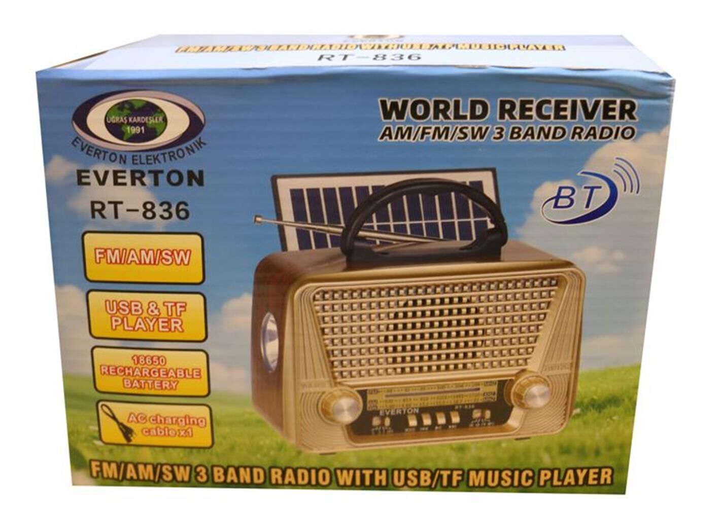 Everton Rt-836  Bluetooth Fm-Usb-Tf-Aux Solarlı Şarjlı Nostaljik Radyo