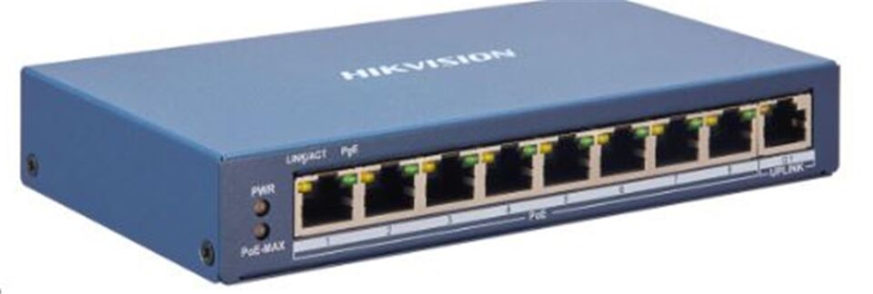 Hikvision DS-3E1310P-EI-M 8×10-100 Mbps PoE Portu, 2×Gigabit RJ45 Portu 60W Switch