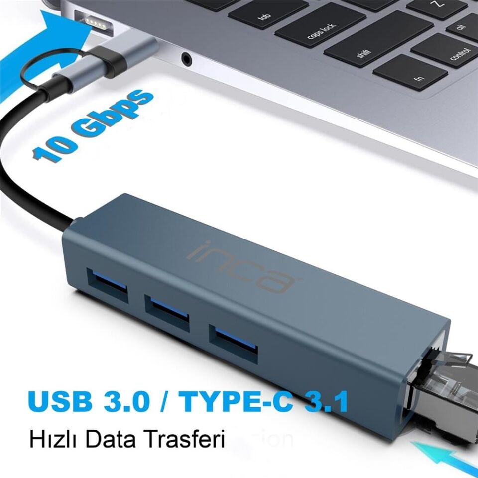 Inca IUTP-03TX Ethernet Usb 3.0+Type-C 3.1 Grişli 000 Mbps 3X3.1Usb Eternet-Çoklayıcı