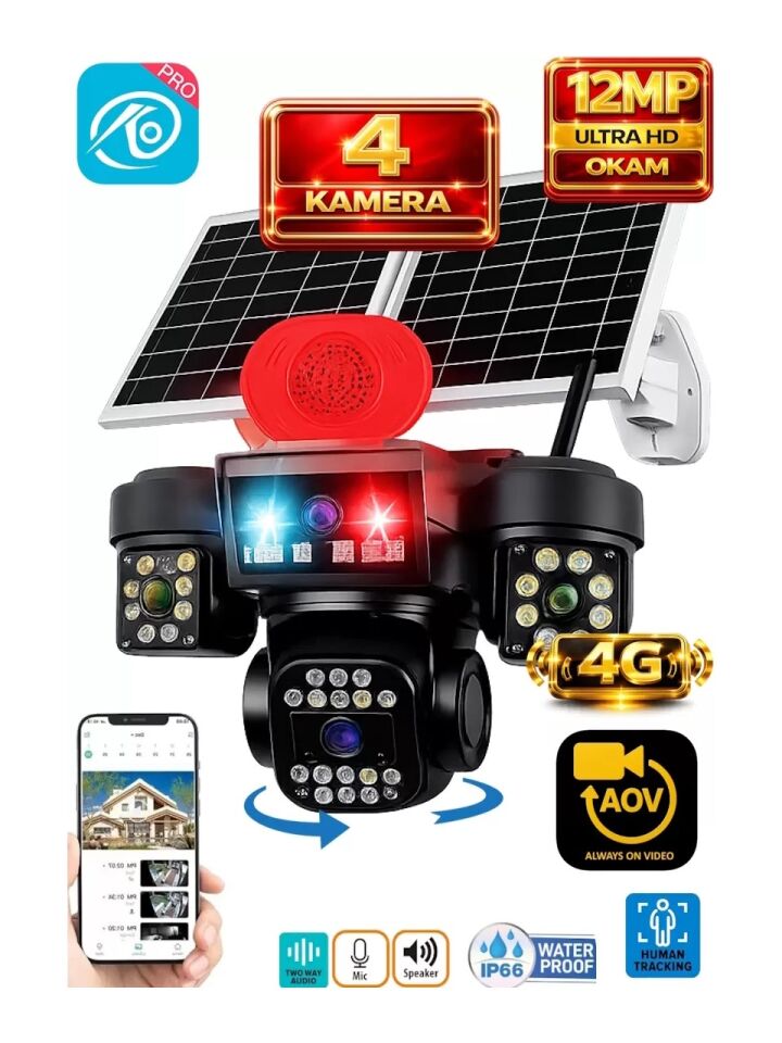 O-KAM OK337 12MP 4 Kameralı 4G Çift Solar Panel AOV Gece Görüş Sesli Konuşma 1 Yıl  İnternet+128 GB SD Kart Hediye