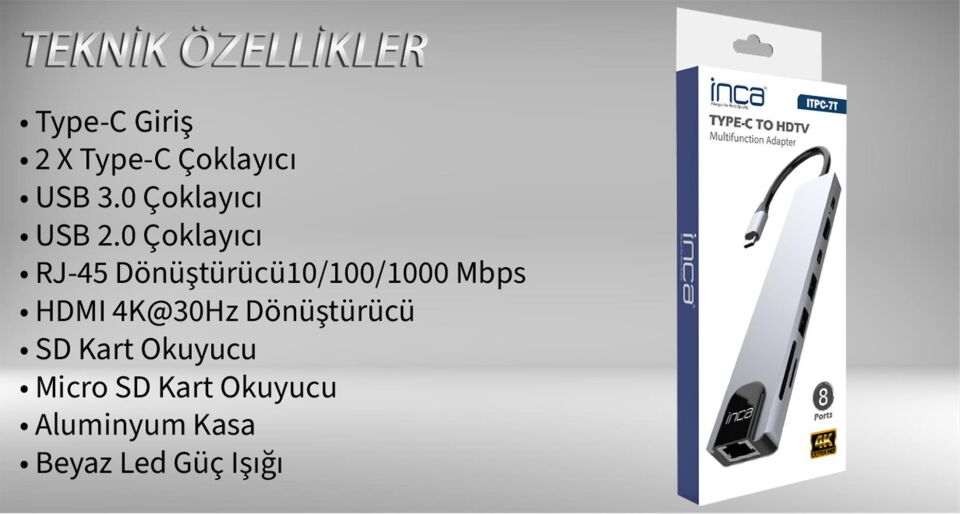 Inca ITPC-7T Type-C Giriş 2XType-C Çoklayıcı RJ-45 HDMI 4K@30 USB 3.0 Çoklayıcı Micro SD Kart