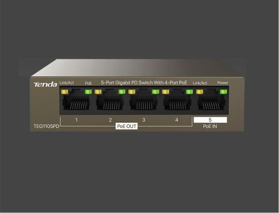 Tenda TEG1105PD 5 Port 4 Port Poe+ 1 Port Poe+ İN 10-100-1000 Switch Çelik Kasa Rack Mount