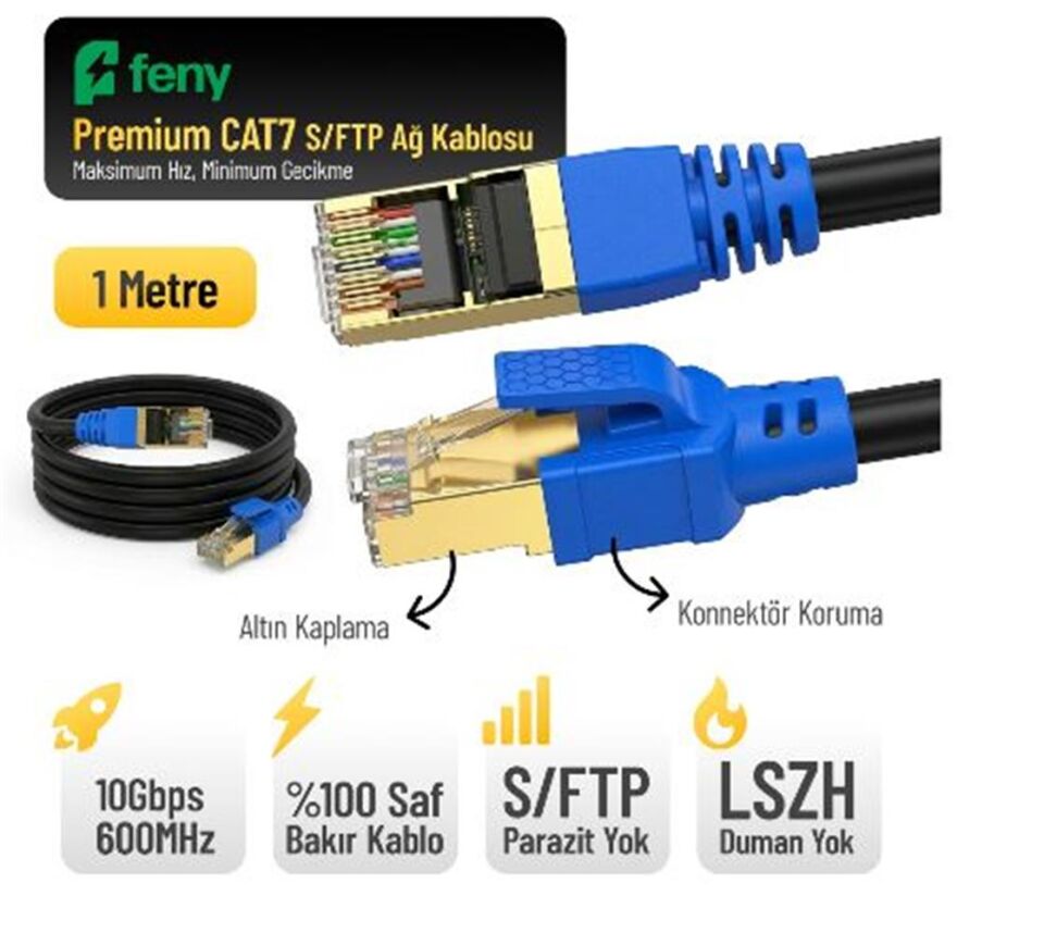 Feny FN-CAT7LS01 10GBPS İnternet 60MHZ 1 Metre CAT7 Gold Patch Kablo (Yanmaz- yüzde 100 Saf Bakır)