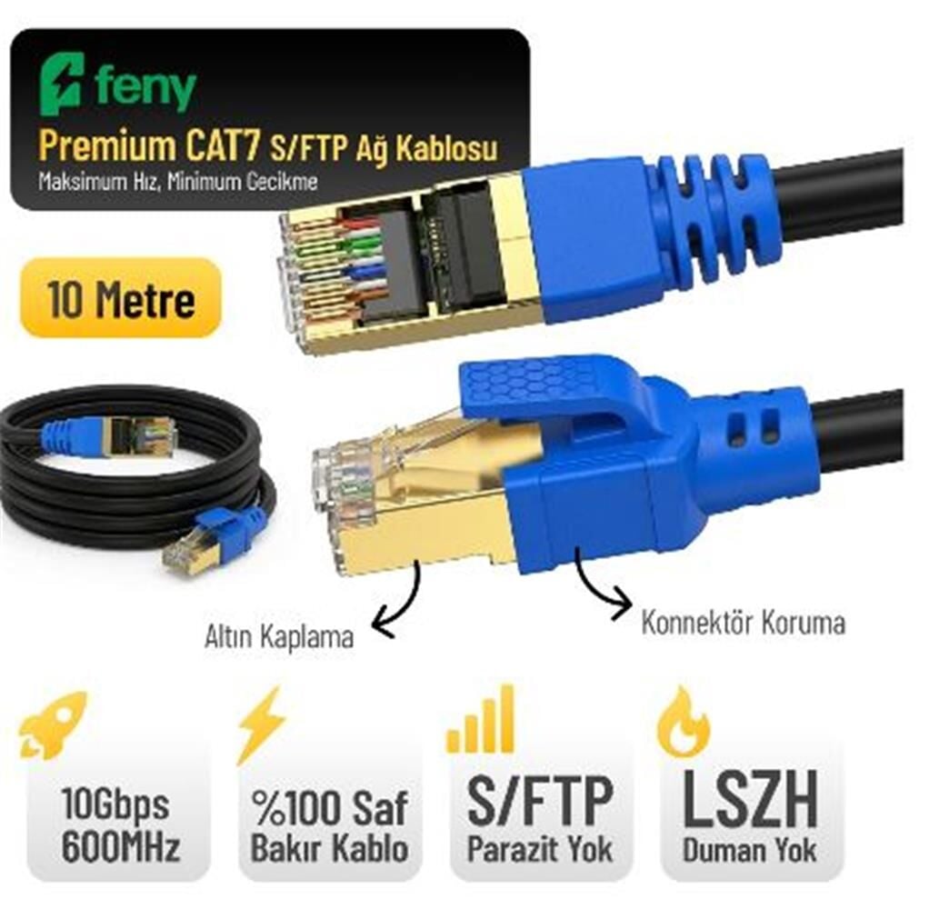 Feny FN-CAT7LS10 10GBPS İnternet 60MHZ 10 Metre CAT7 Gold Patch Kablo (Yanmaz- yüzde 100 Saf Bakır)