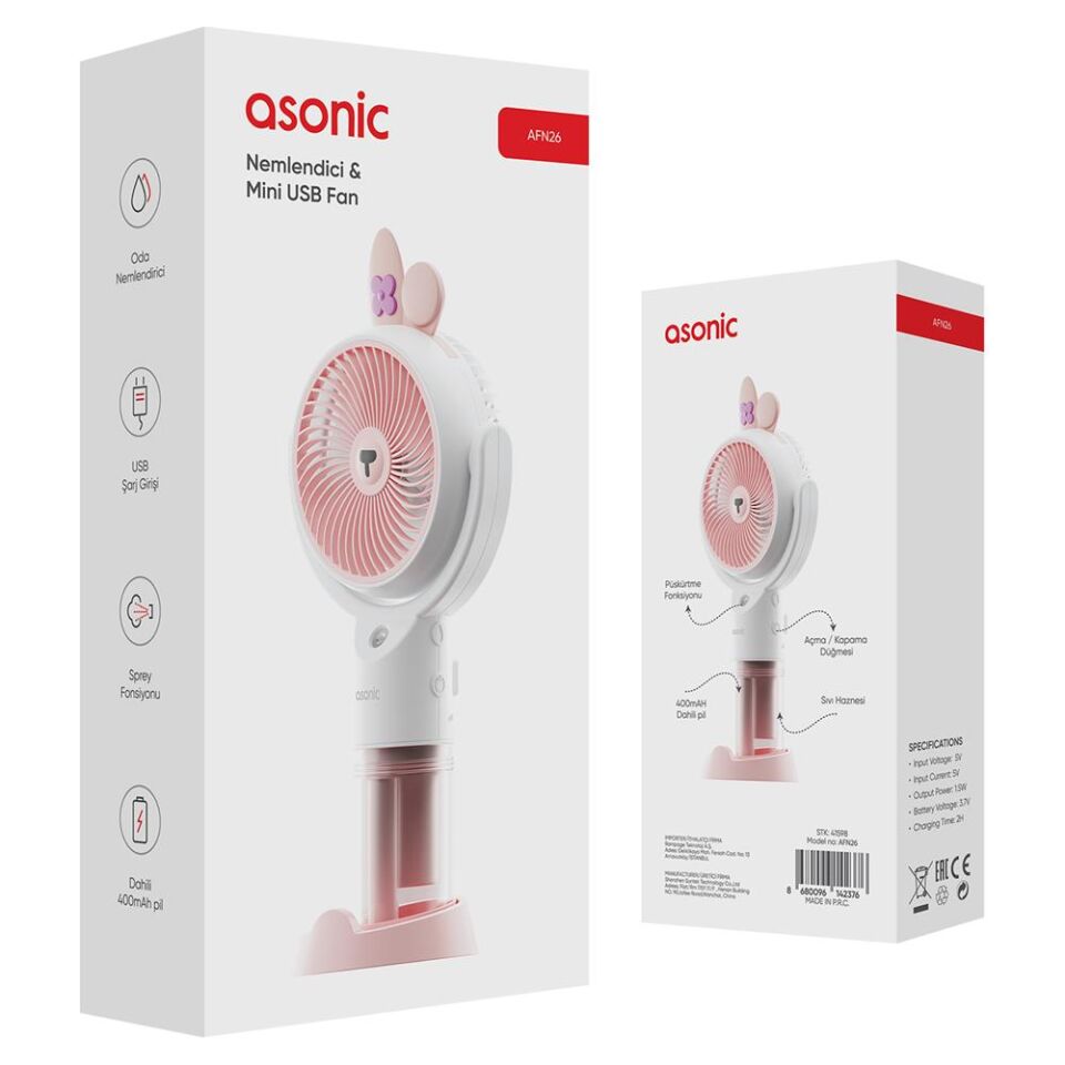 Asonic AFN26 Beyaz 500mAh 2 Kademe (Püskürtme Fonksiyon) Nemlendirici Sprey USB Fan Şarjlı