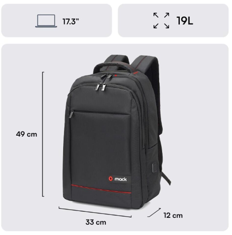 Mack MCC-007 17.3'' Office USB Girişli Notebook Sırt Çantası Siyah